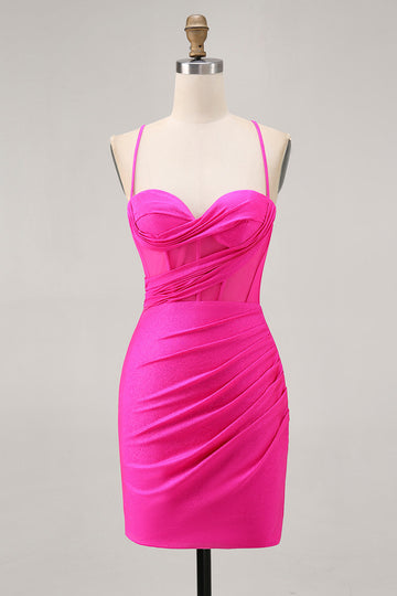 Fuchsia Corset Ruched Tight Short Prom Dress